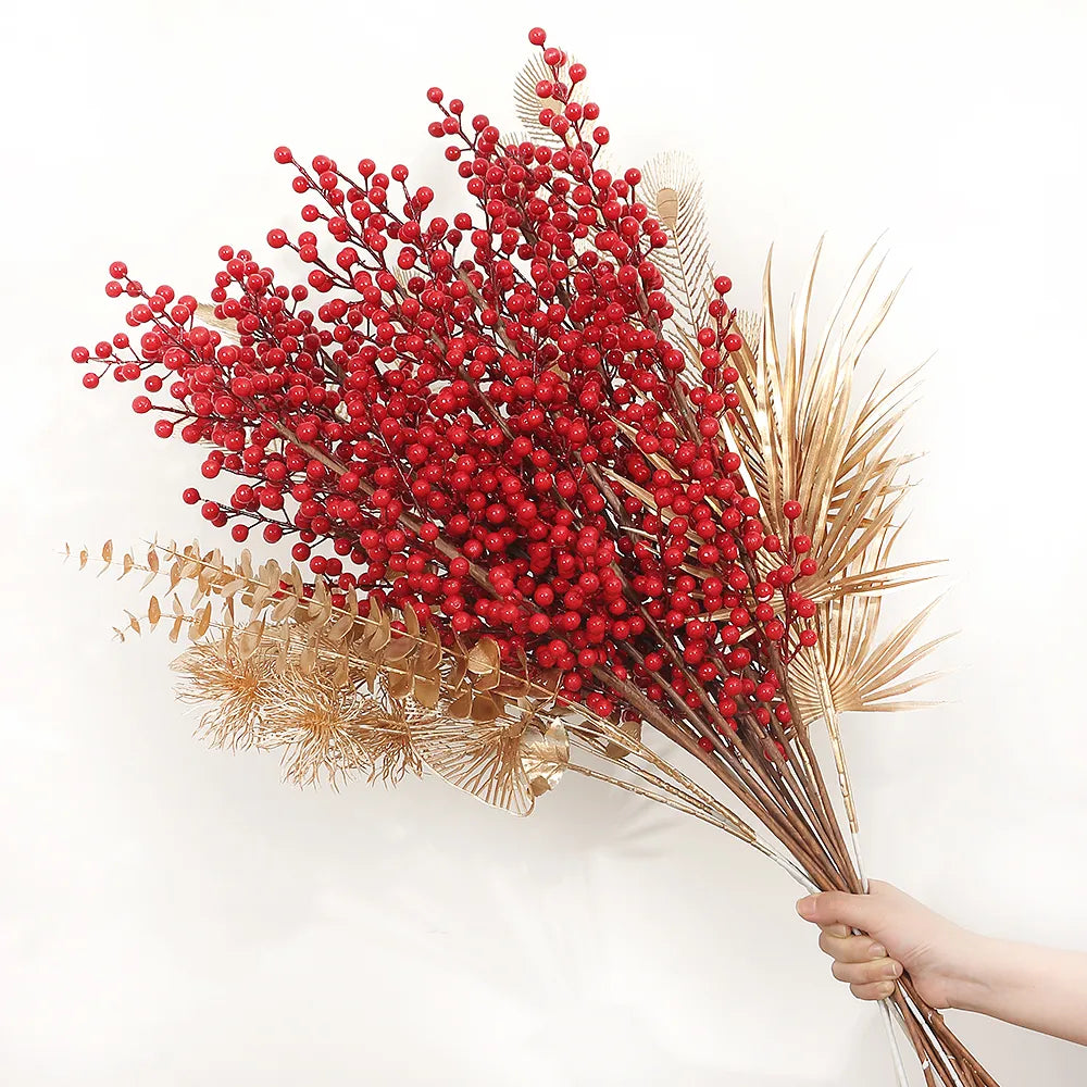 Artificial Red Berry Flowers Bouquet Fake Plant for Home Vase Decor Xmas Tree Ornaments New Year 2023 Party Christmas Decoration